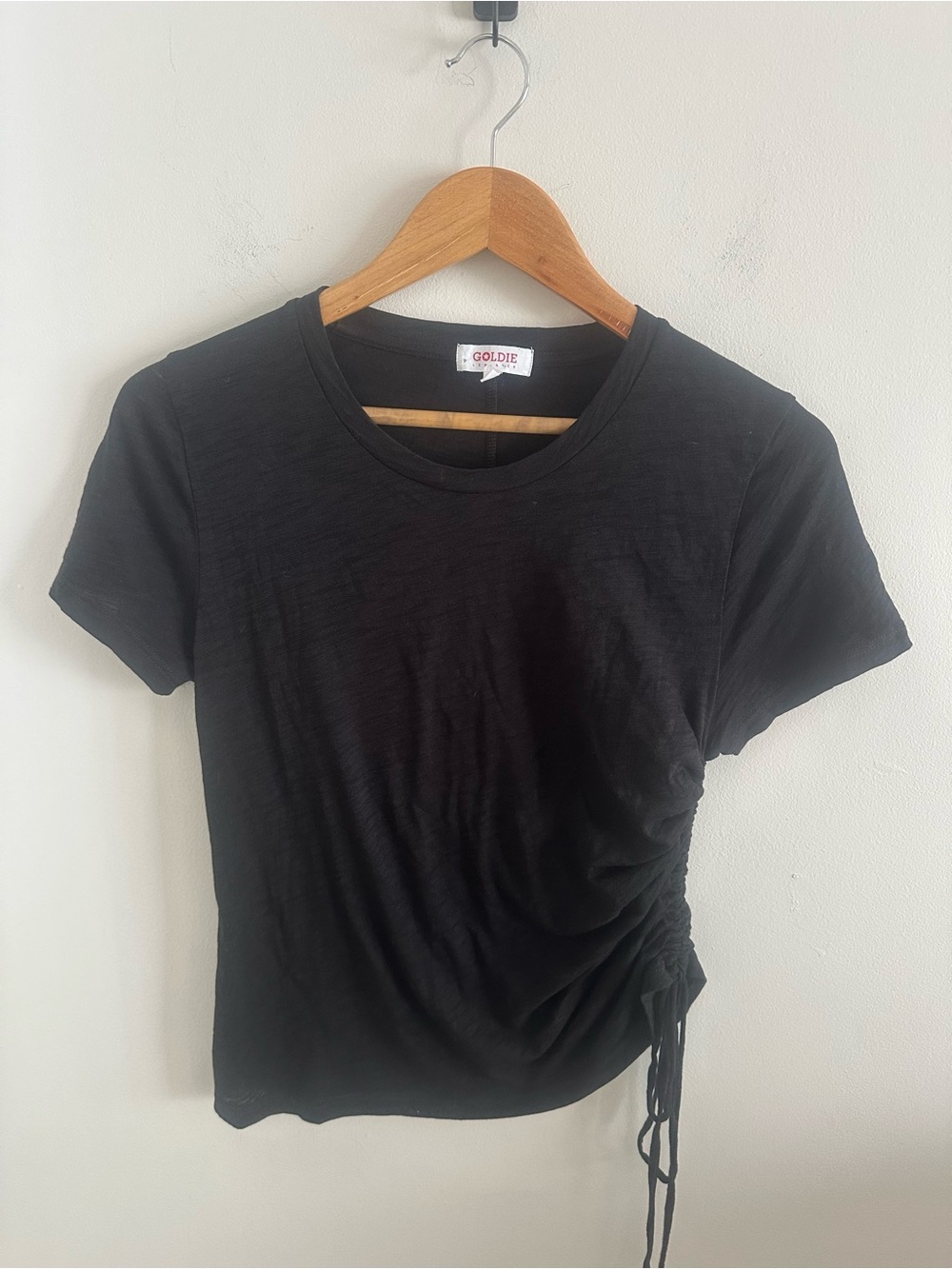 Goldie Lewinter side tied 100% Pima cotton black tee shirt size small